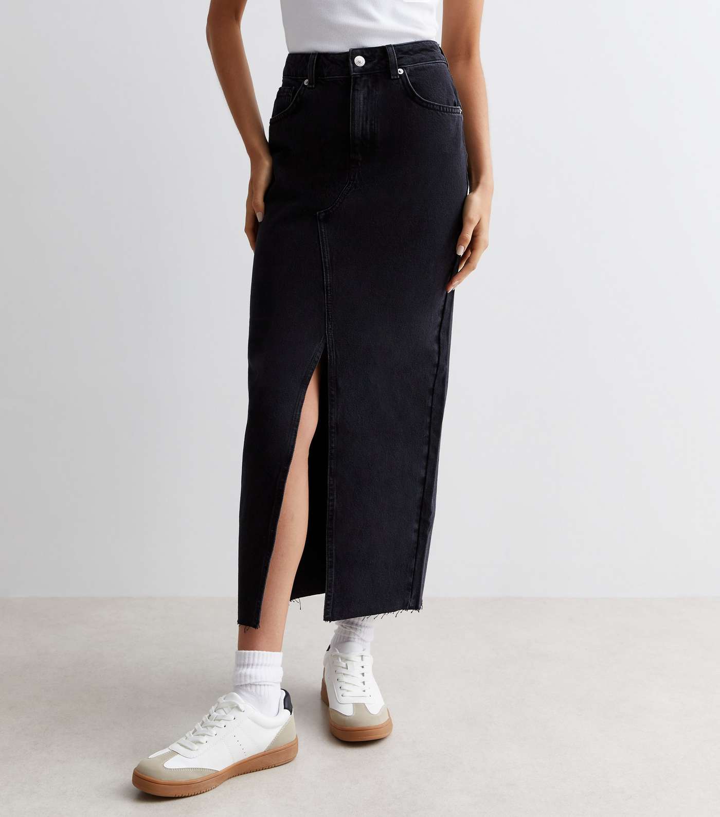 Black Denim High Waist Midi Skirt Image 3