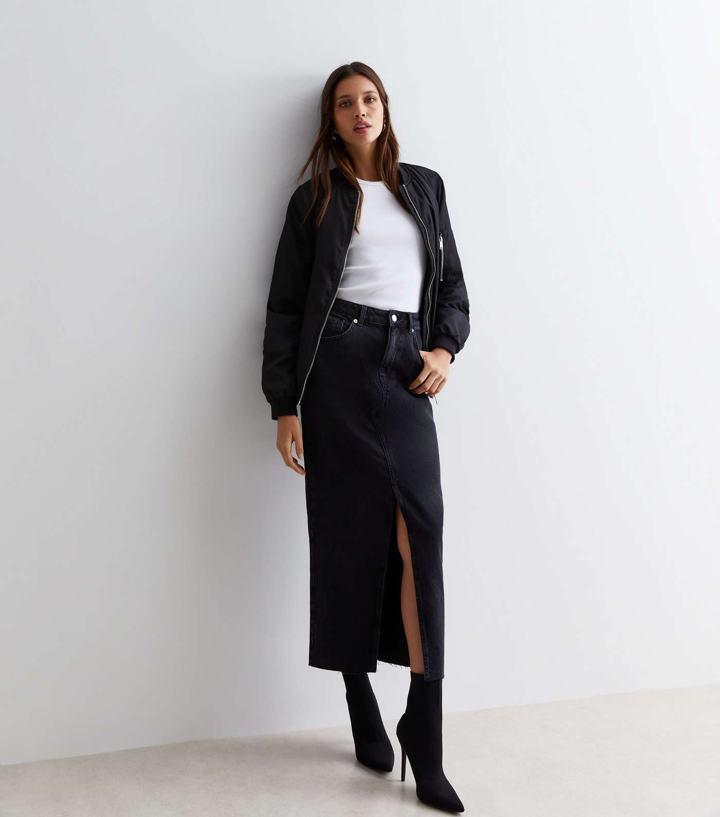Black Denim High Waist Midi Skirt Image 5