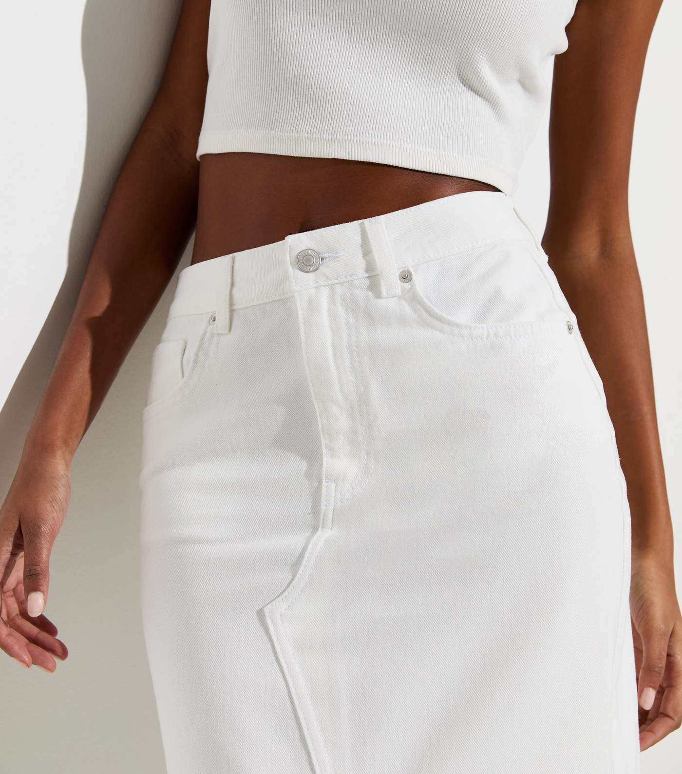White Denim High Waist Split Hem Midi Skirt Image 2