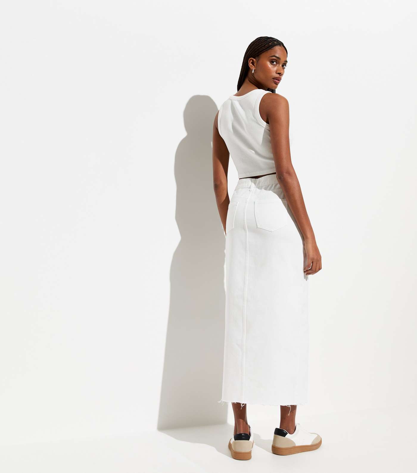 White Denim High Waist Split Hem Midi Skirt Image 4