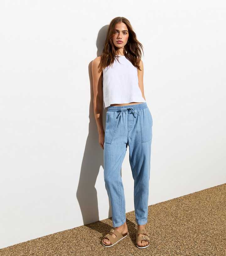Pale Blue Cotton-Linen Blend Cuffed Trousers