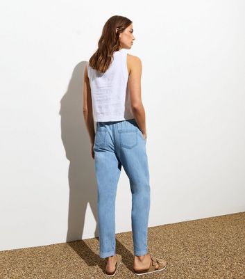 Pale Blue Cotton-Linen Blend Cuffed Trousers New Look