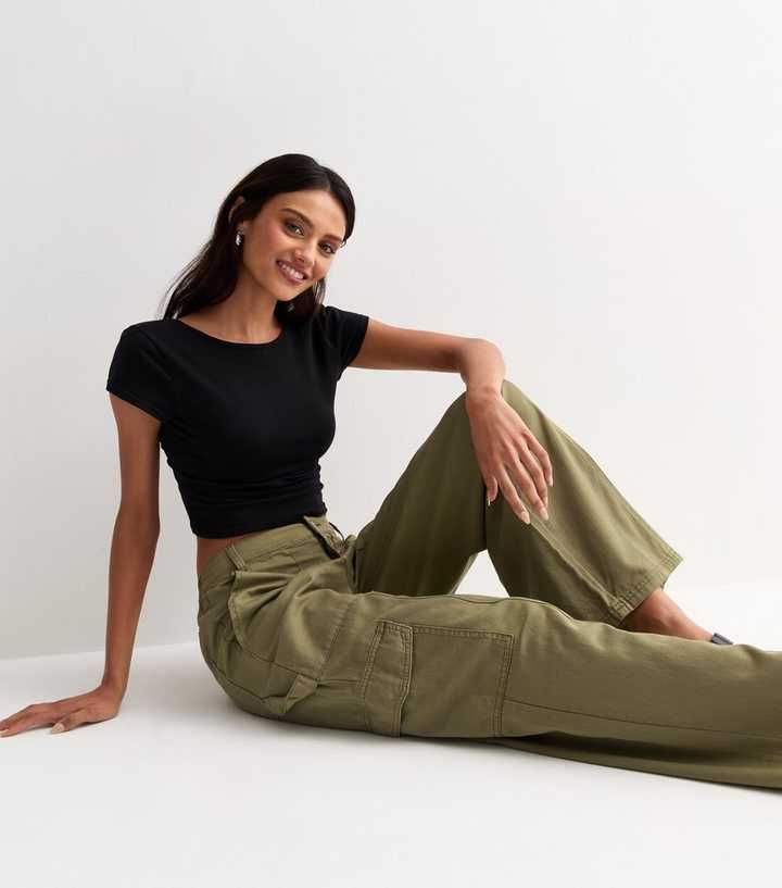 Khaki Denim Wide Leg Cargo Trousers