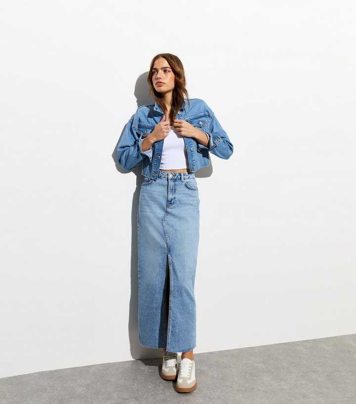 Pale Blue Denim Split Front Maxi Skirt