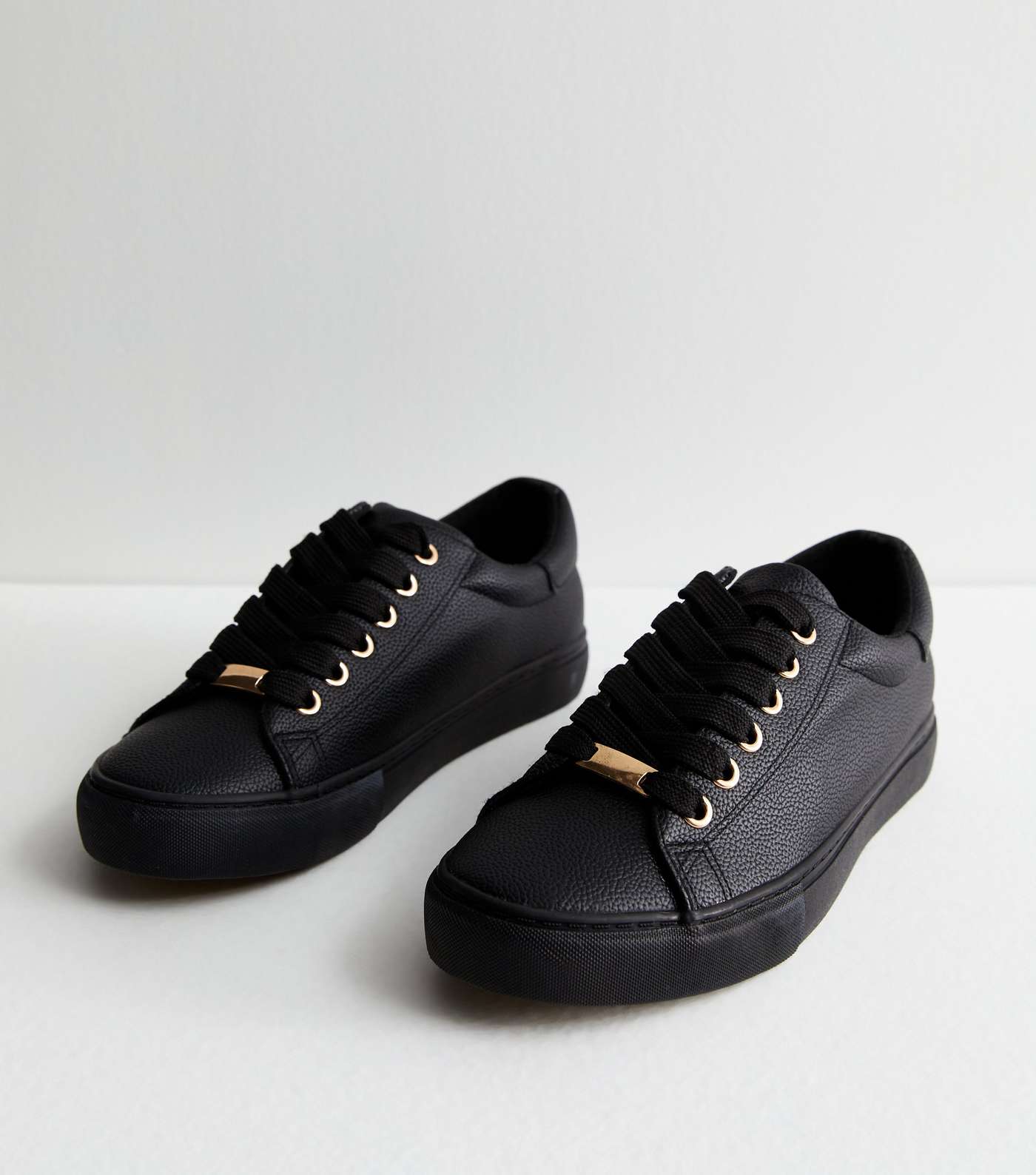 Wide Fit Black Leather-Look Lace Up Trainers