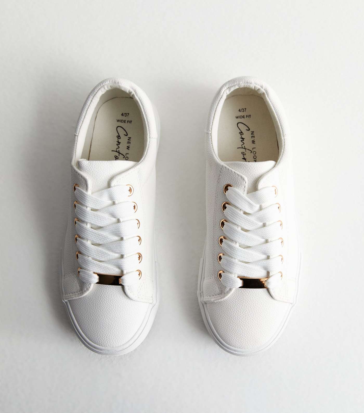 Wide Fit White Leather-Look Lace Up Trainers Image 3