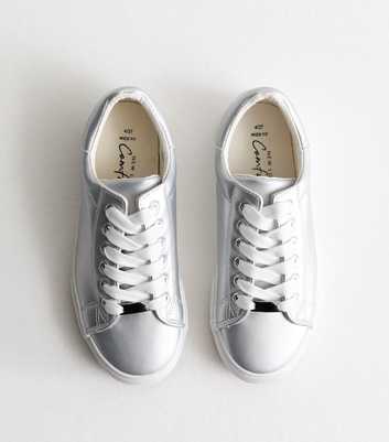 Wide Fit Silver Leather-Look Lace Up Trainers
