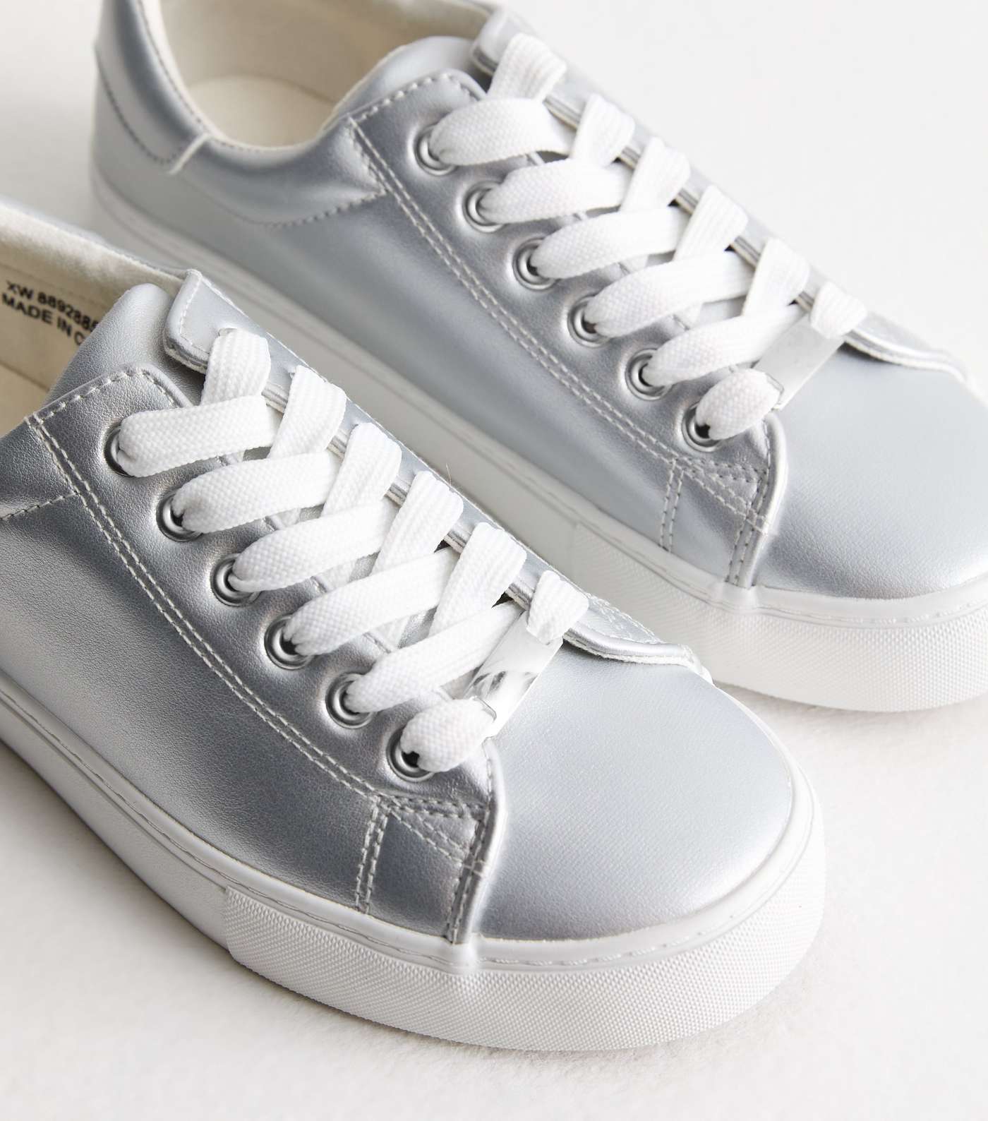 Wide Fit Silver Leather-Look Lace Up Trainers Image 3