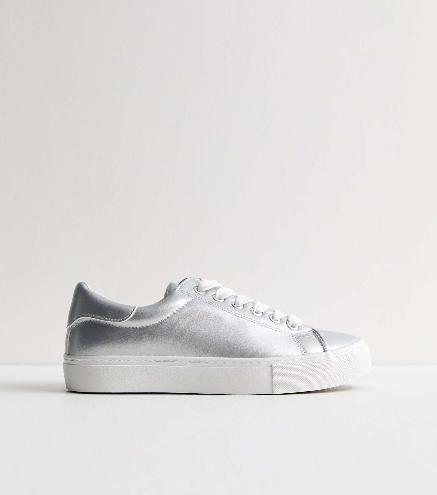 Wide Fit Silver Leather-Look Lace Up Trainers Image 5