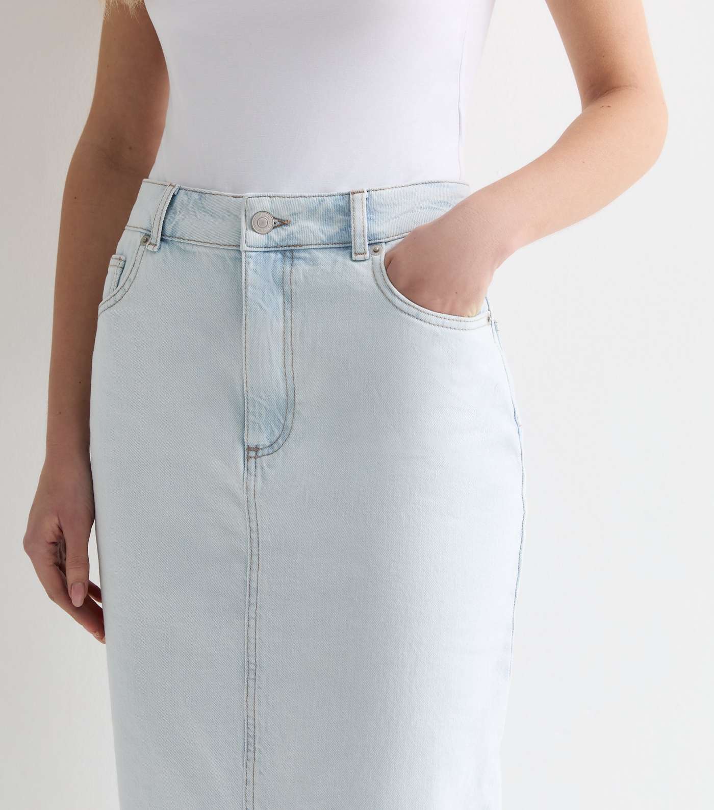 Pale Blue Denim High Waist Split Hem Maxi Skirt Image 2
