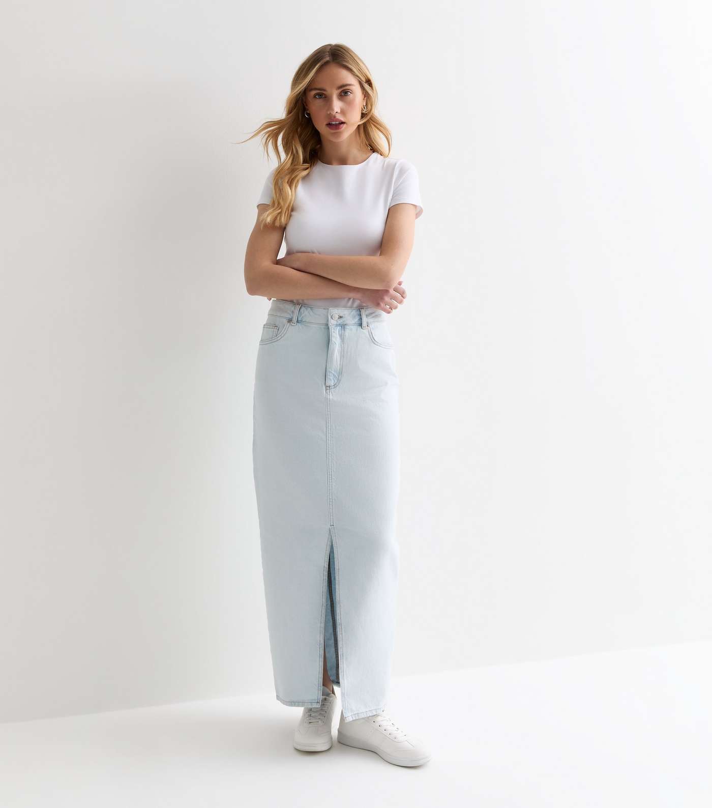 Pale Blue Denim High Waist Split Hem Maxi Skirt Image 4
