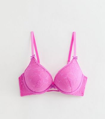 Bright Pink Butterfly Lace Boost Bra New Look