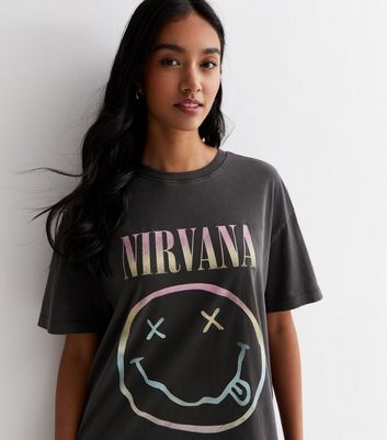 Dark Grey Acid Wash Nirvana Logo T-Shirt New Look