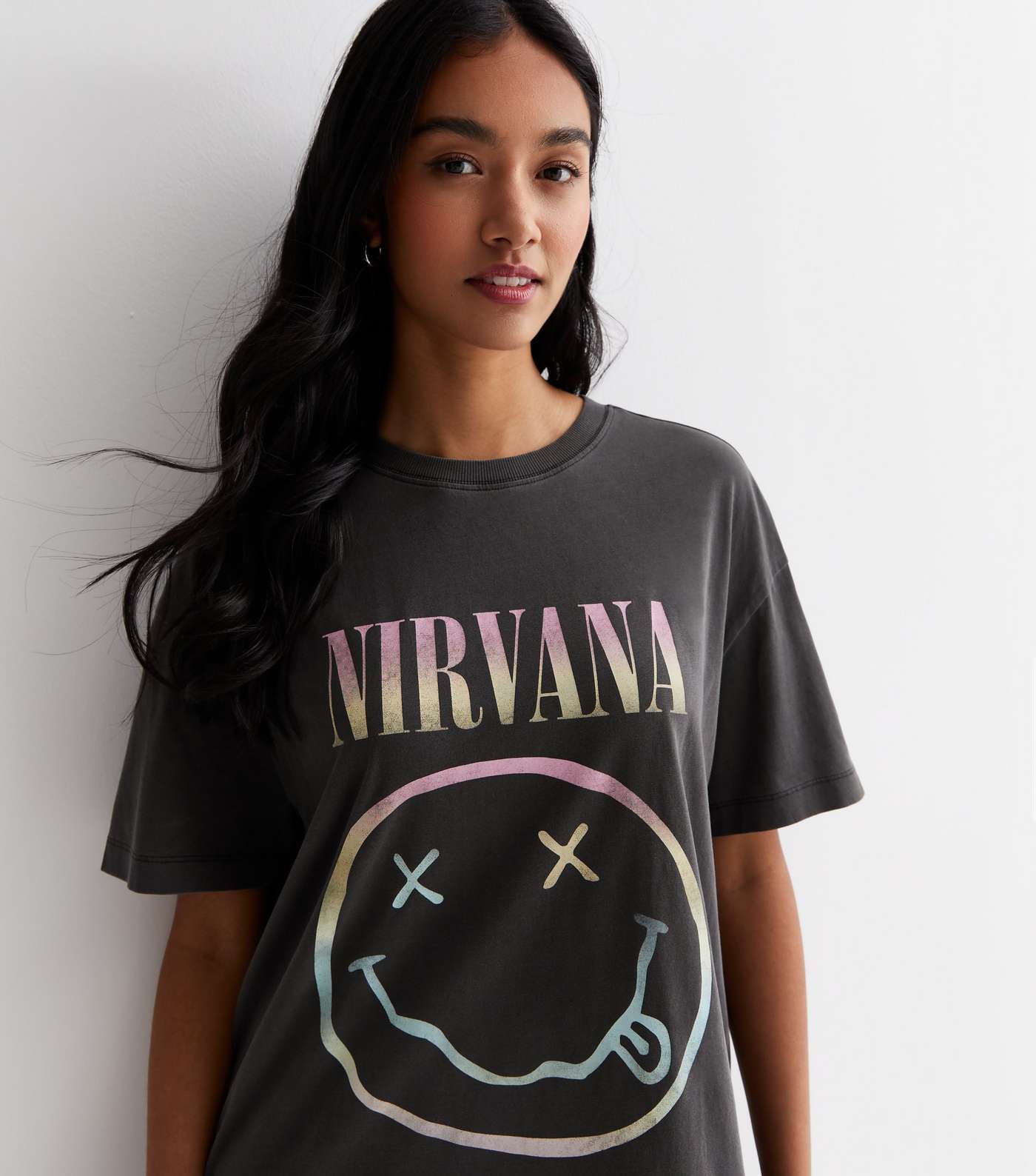 Dark Grey Acid Wash Nirvana Logo T-Shirt Image 2