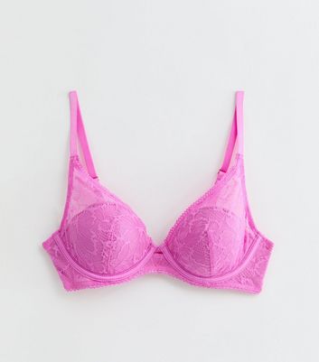 Bright Pink Butterfly Lace Demi Padded Bra New Look