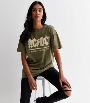 Khaki Acid Wash Cotton ACDC Oversized Logo T-Shirt New Look