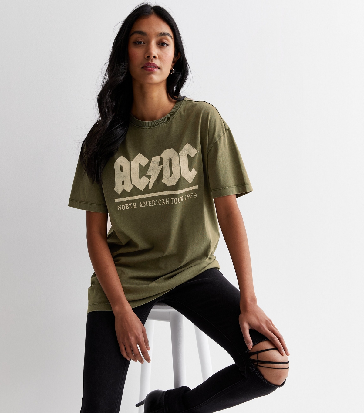 Women's Khaki Acid Wash Cotton ACDC Oversized Logo T-Shirt New Look