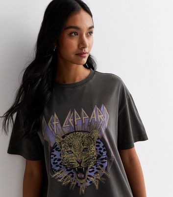 Dark Grey Acid Wash Cotton Def Leppard Oversized Logo T Shirt New Look