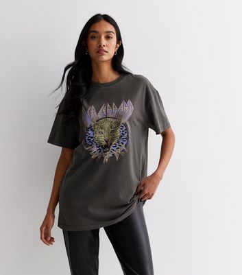 Dark Grey Acid Wash Cotton Def Leppard Oversized Logo T-Shirt New Look