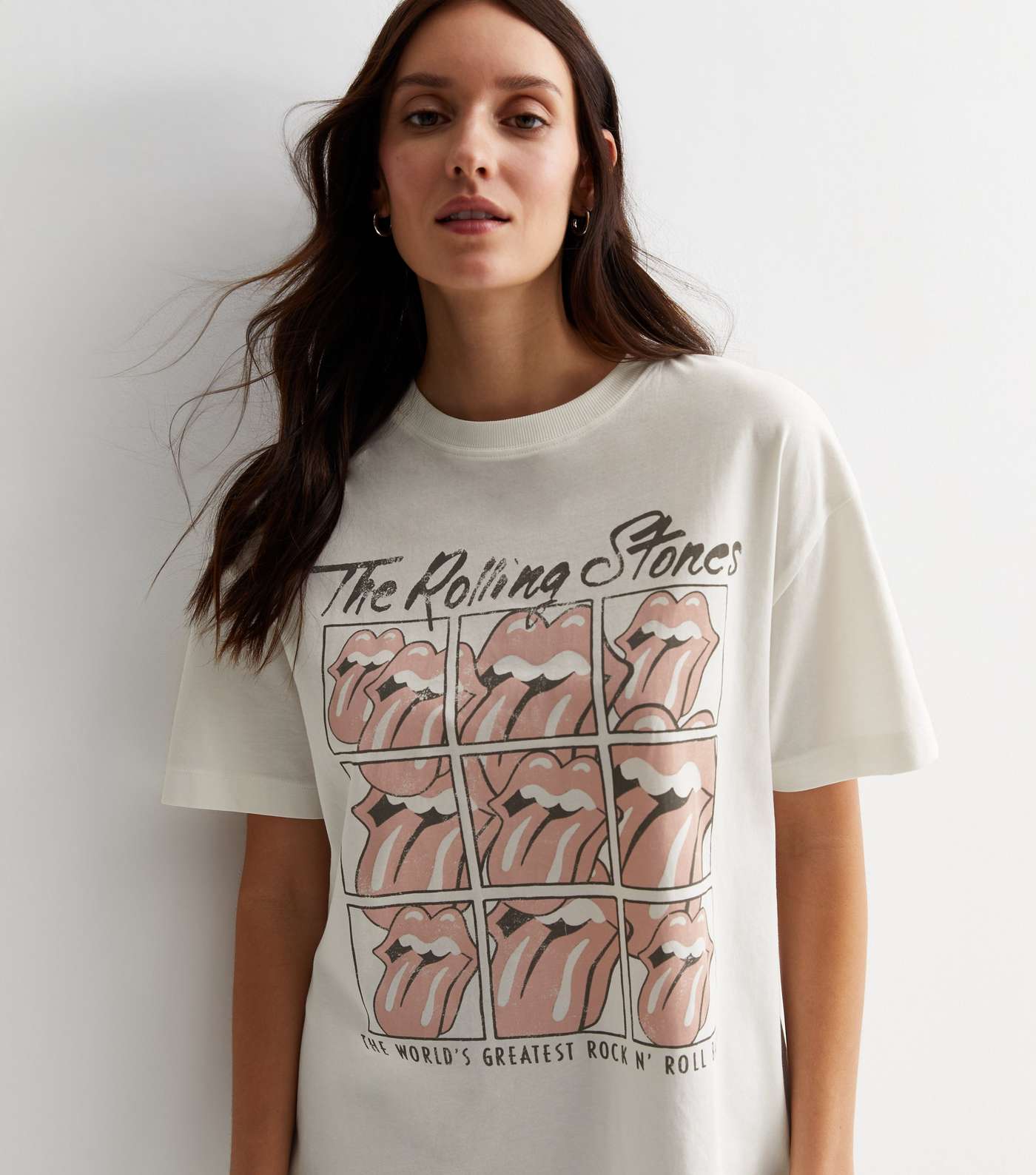 Off White Cotton The Rolling Stones Logo Oversized T-Shirt Image 2