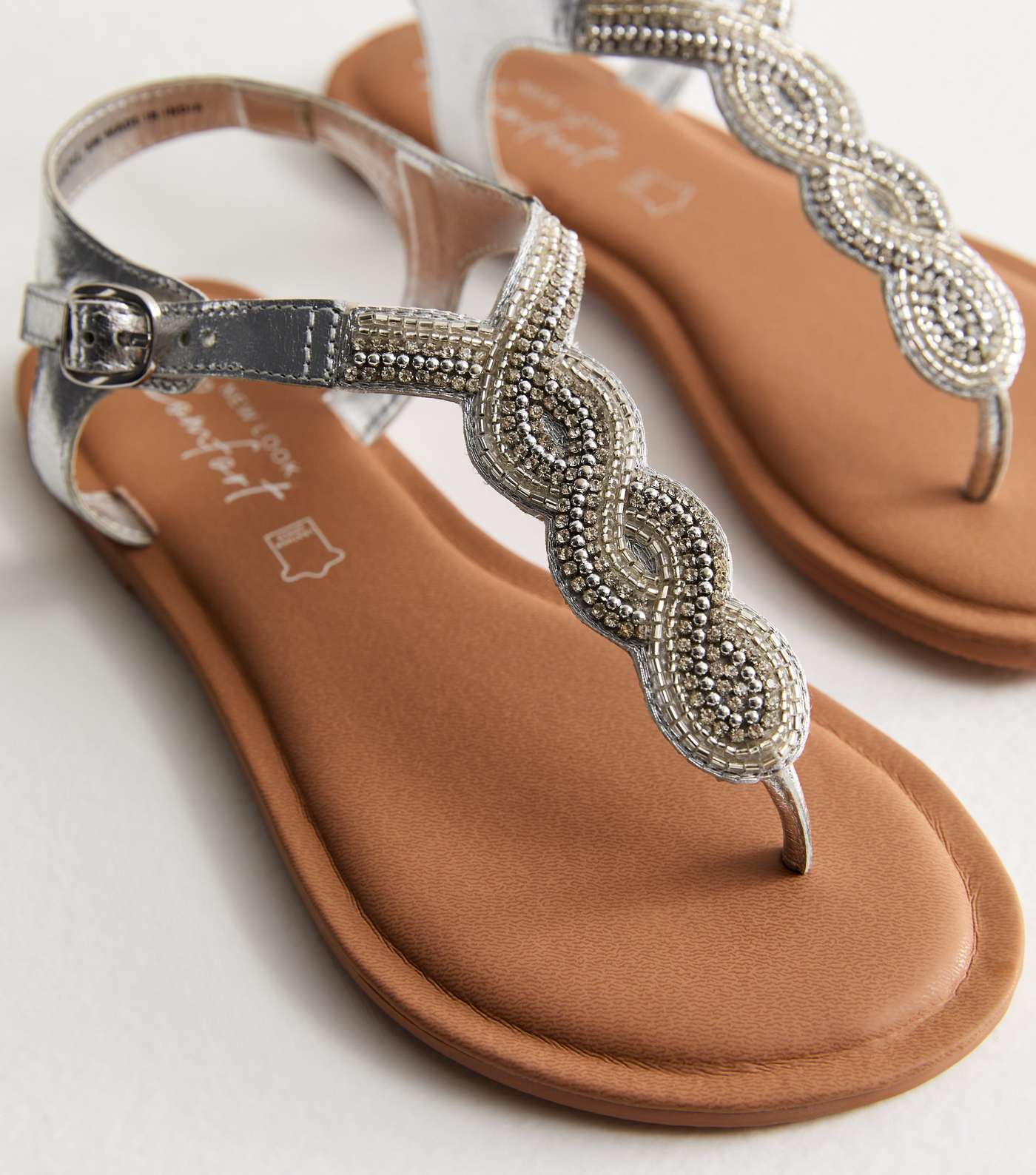 Wide Fit Silver Leather Embellished Toe Post Sandals Image 5