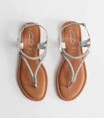 Silver Leather Diamanté Toe Post Slingback Sandals