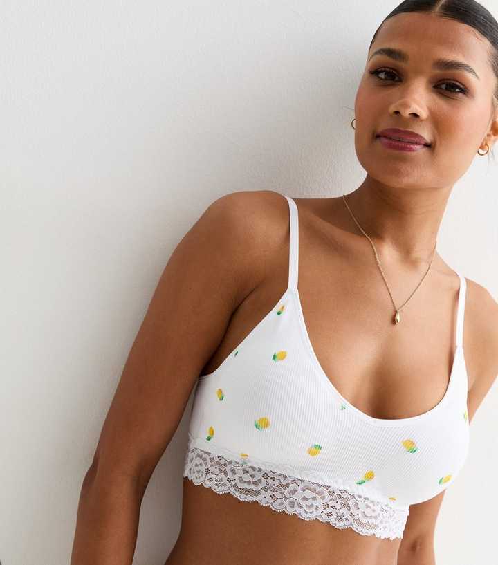 White Ribbed Lemon Print Padded Lace Trimmed Bra Top 