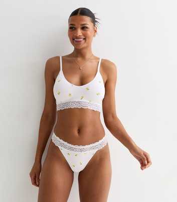 White Ribbed Lemon Printed Lace Trim Thong 