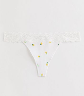 White Ribbed Lemon Printed Lace Trim Thong New Look