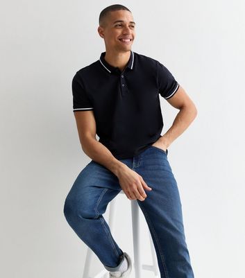 Navy Cotton Polo with Contrast Embroidered Trim main image 1