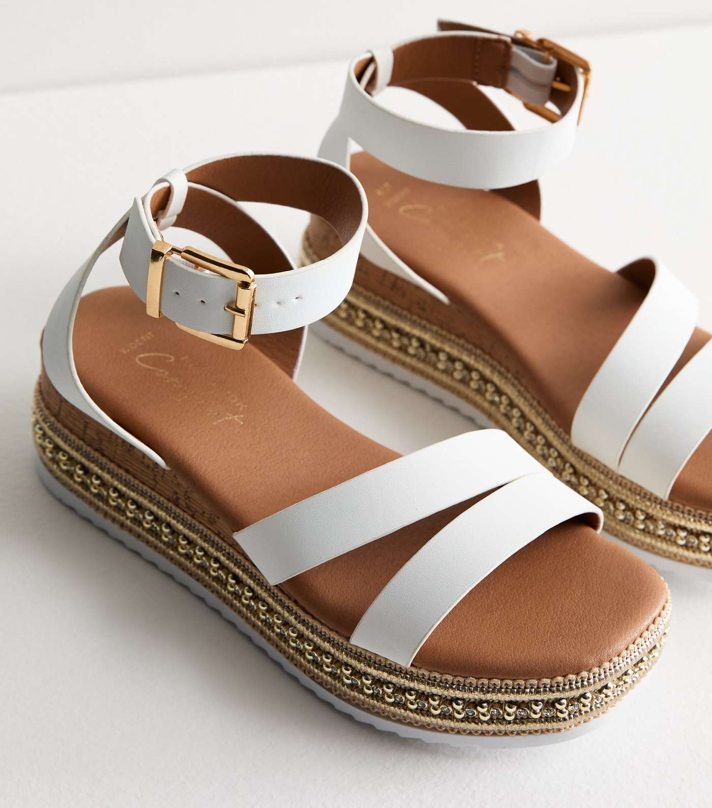 Wide Fit White Leather-Look Embellished Flatform Sandals Image 3