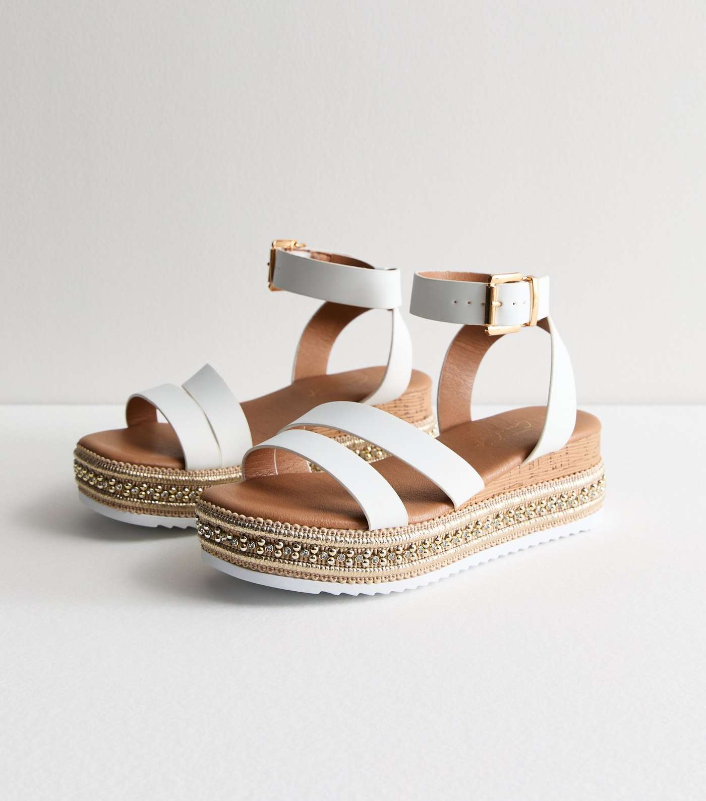 Wide Fit White Leather-Look Embellished Flatform Sandals Image 5