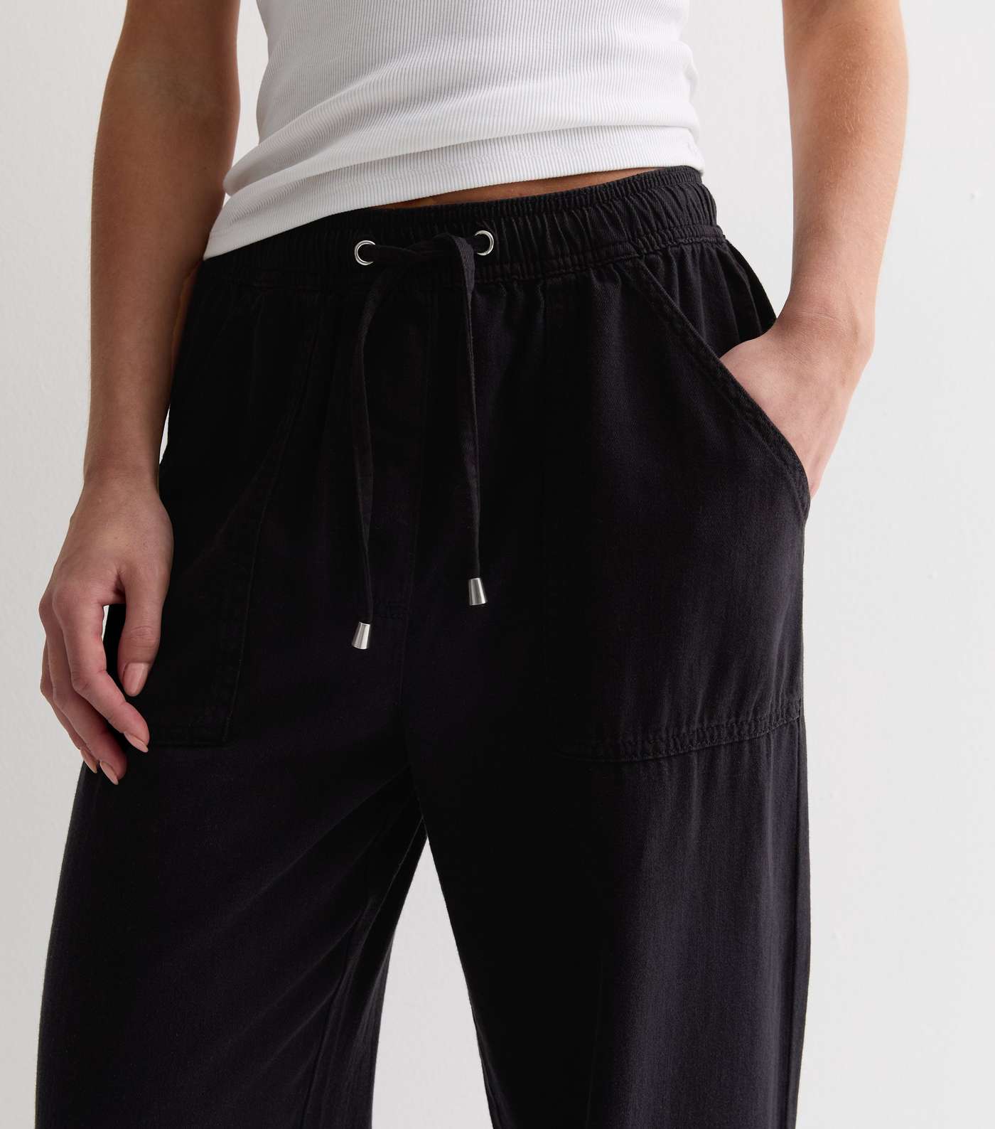 Petite Black Cotton Twill Elasticated Wide Leg Trousers Image 2