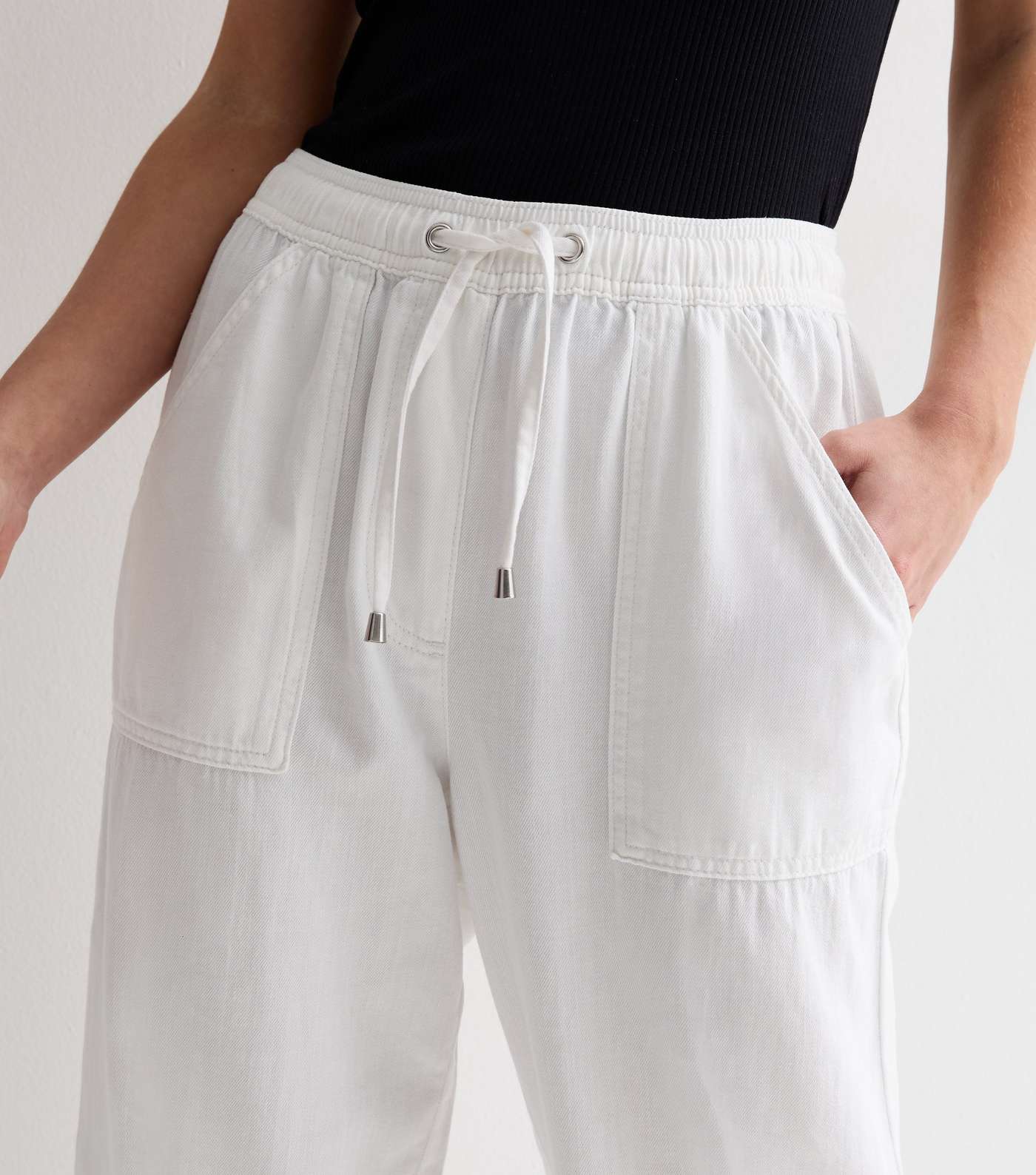 Petite White Cotton Twill Elasticated Wide Leg Trousers Image 2