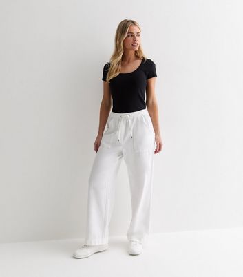 Petite White Cotton Twill Elasticated Wide Leg Trousers New Look