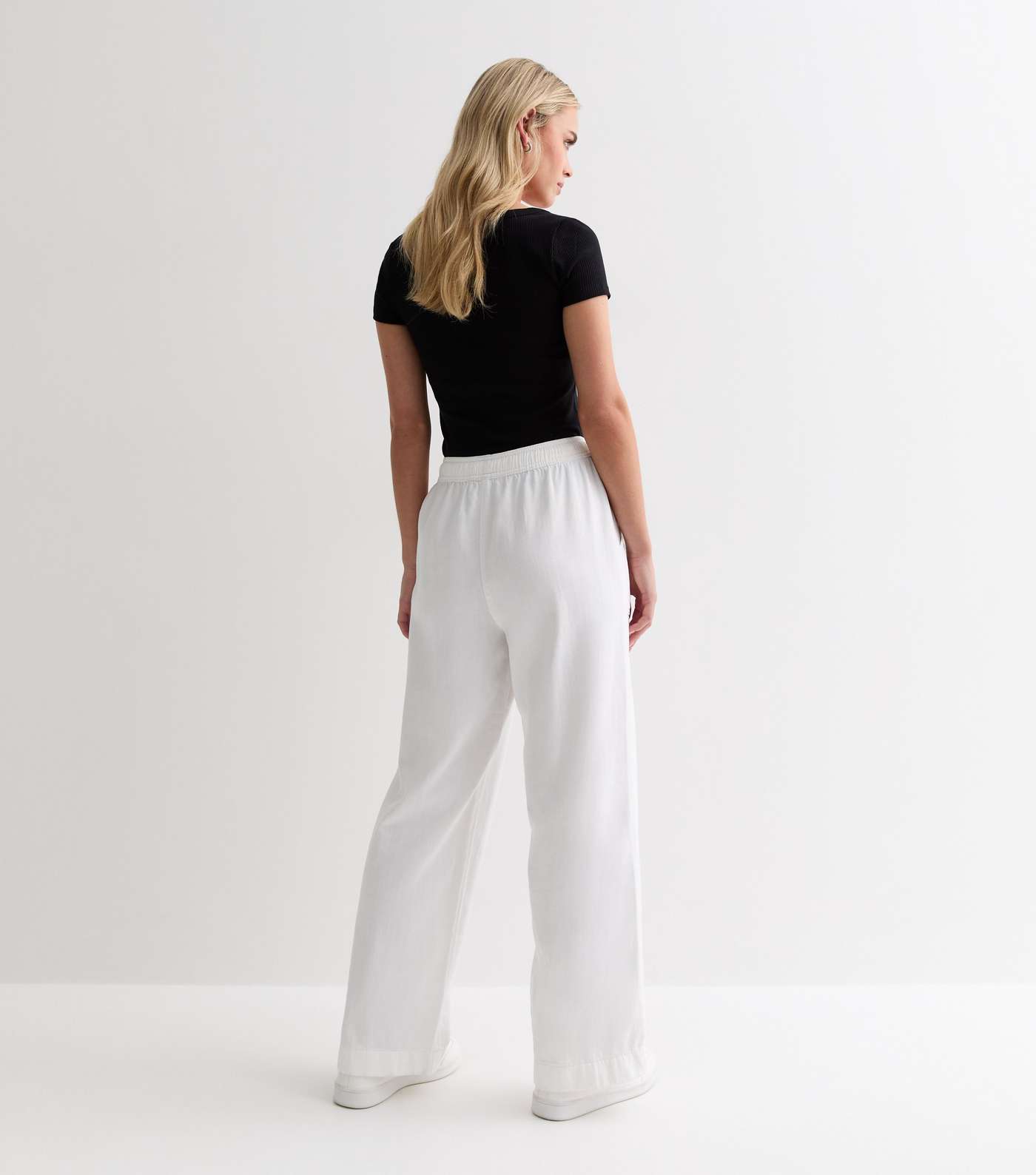 Petite White Cotton Twill Elasticated Wide Leg Trousers Image 4