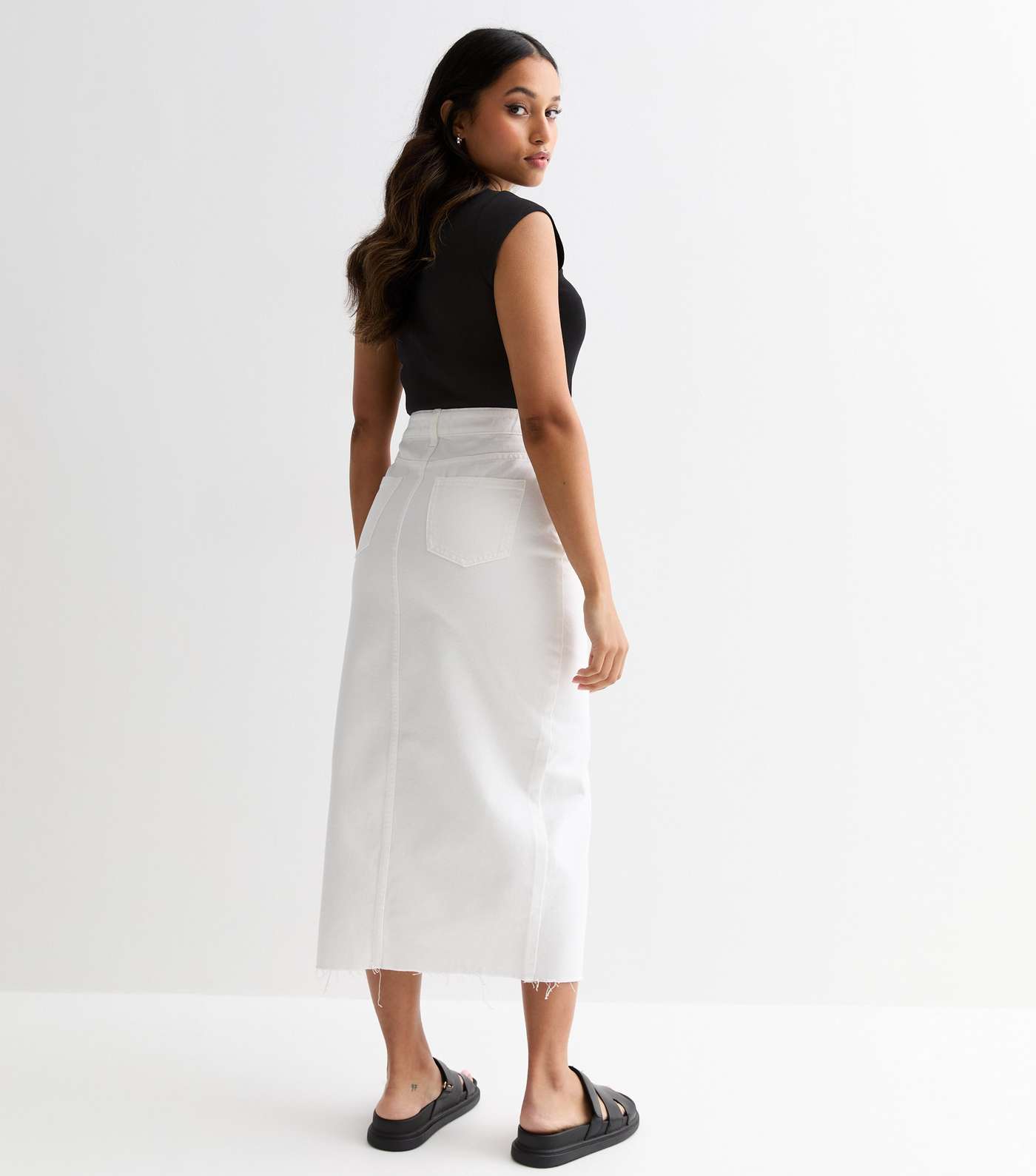 Petite White Denim High Waist Split Hem Midi Skirt Image 4