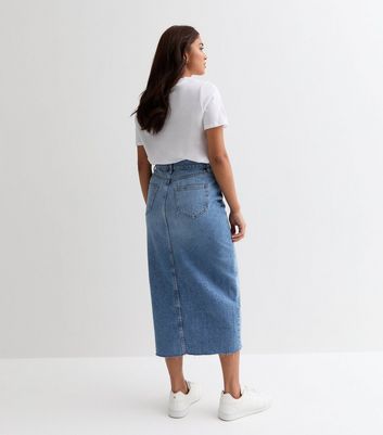 Petite Blue Denim Raw Hem Midi Skirt New Look