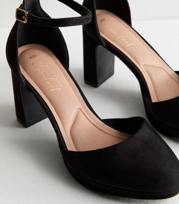 Black Suedette Platform Block Heel Court Shoes New Look