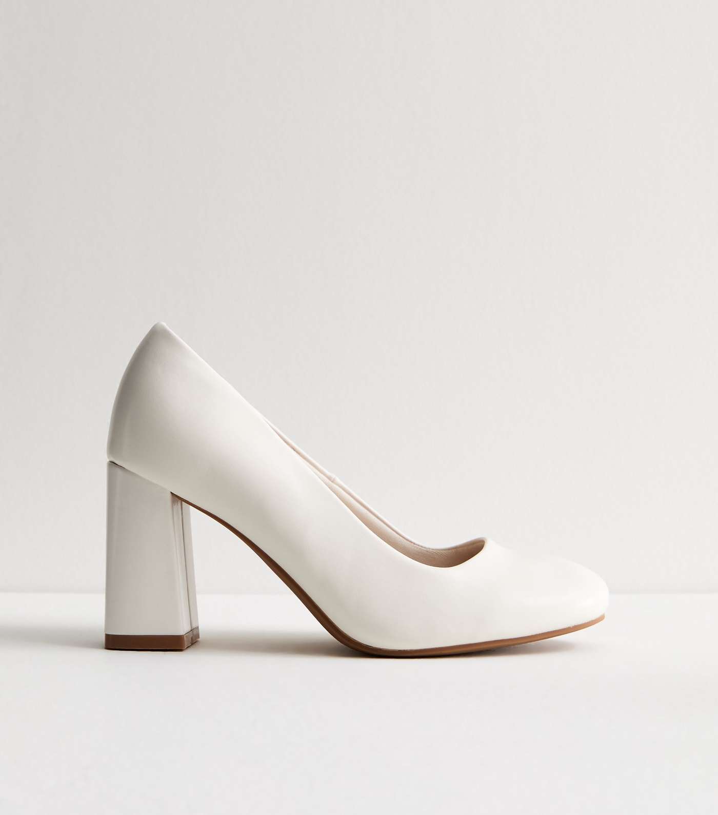 Wide Fit White Leather-Look Rounded Block Heel Court Shoes