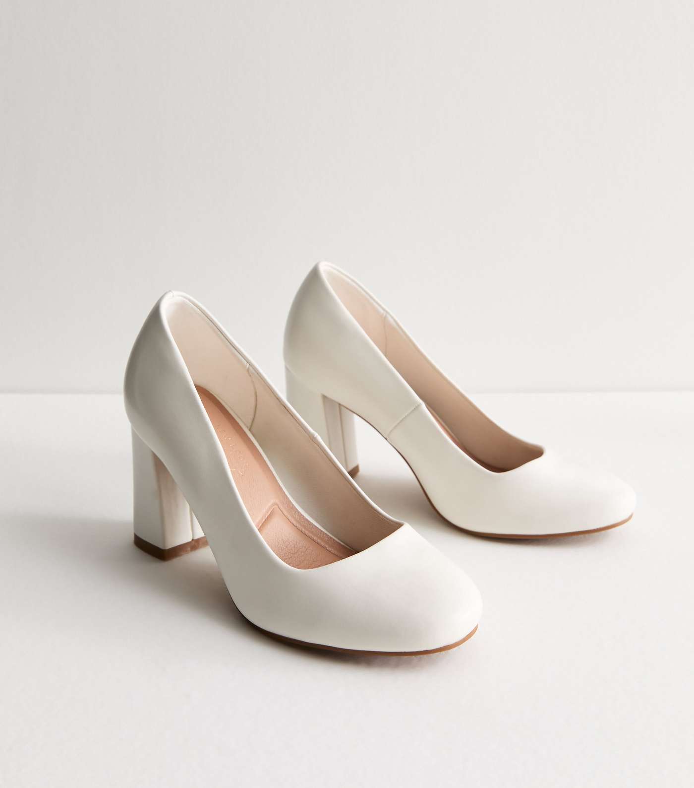 Wide Fit White Leather-Look Rounded Block Heel Court Shoes Image 3
