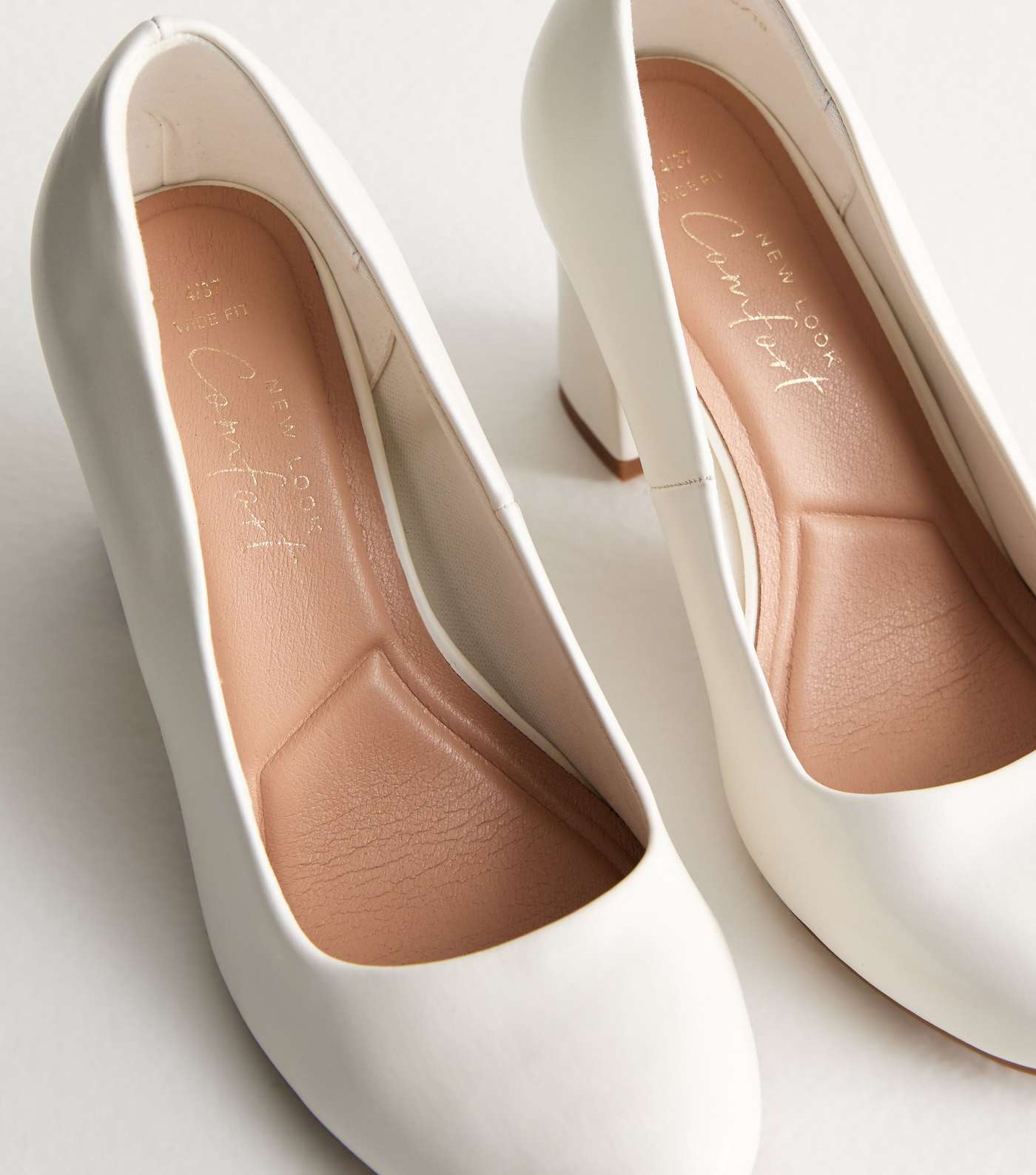Wide Fit White Leather-Look Rounded Block Heel Court Shoes Image 5