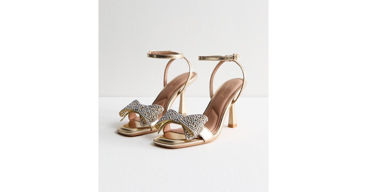 Gold Studded Bow Stiletto Heel Sandals New Look