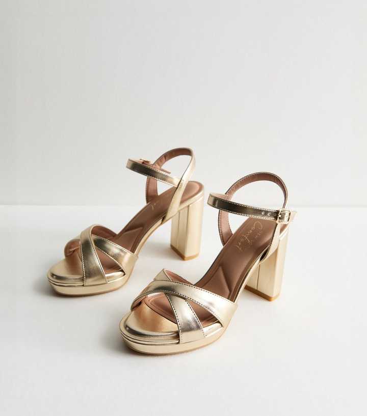 Gold Metallic 2 Part Block Heel Sandals