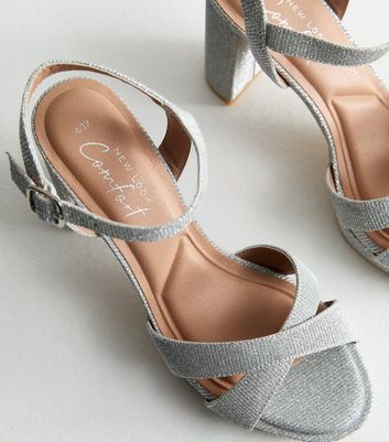 New look silver glitter block heel sandals hotsell