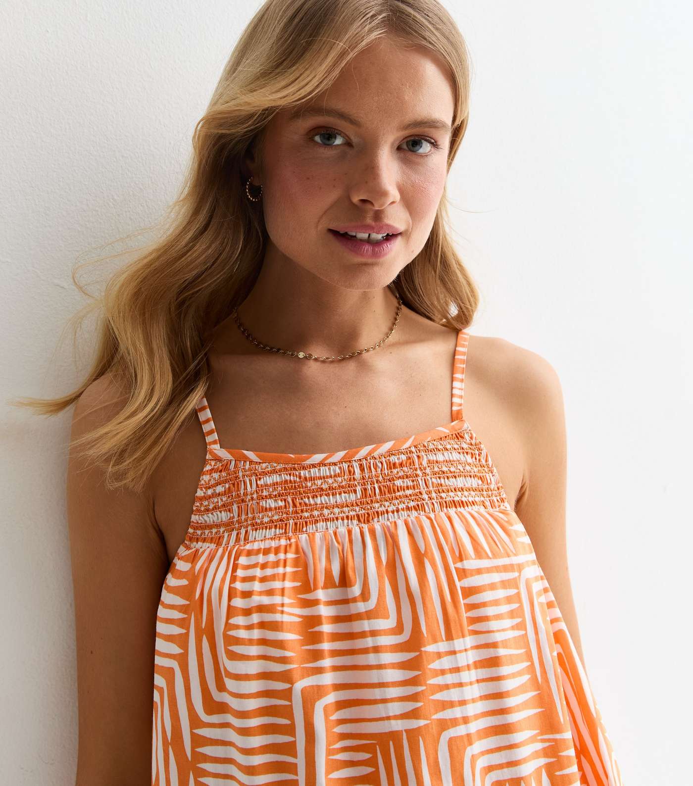 Orange Abstract Print Cotton Mini Smock Beach Dress Image 3