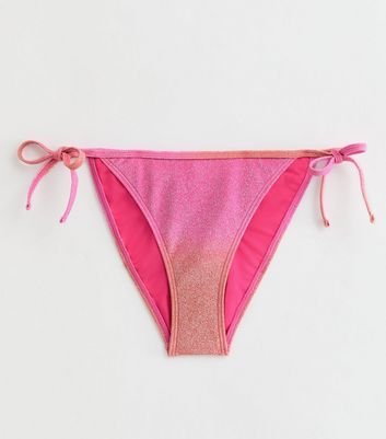 Pink Ombré Glitter Tie Side Bikini Bottoms New Look