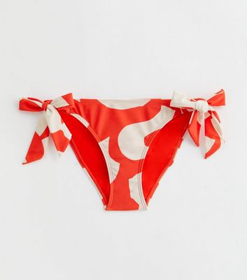 Red Abstract Print Tie Side Bikini Bottoms New Look