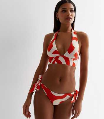 Red Abstract Print Halter Bikini Top