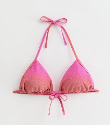 Pink Ombré Glitter Triangle Bikini Top New Look